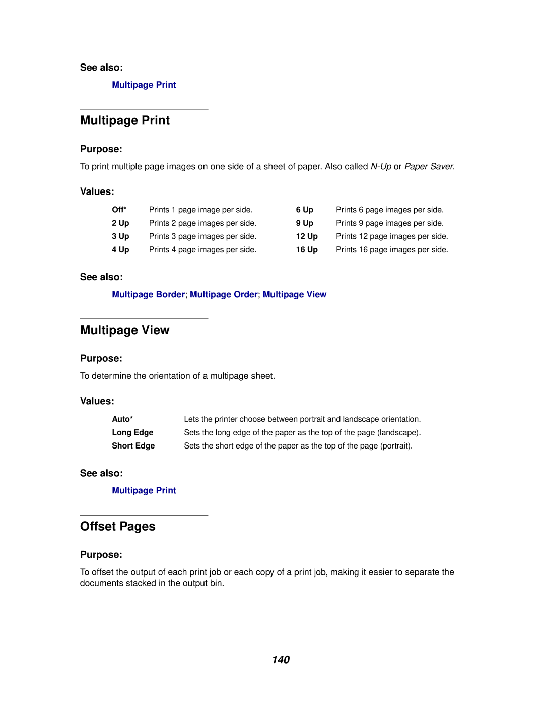 Lexmark 620, 622 manual Multipage Print, Multipage View, Offset Pages, 140 