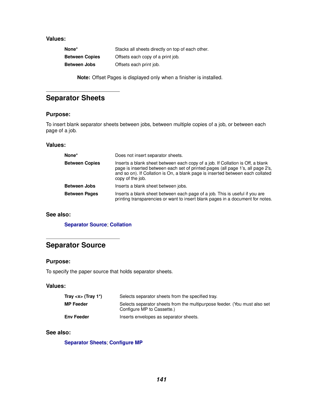 Lexmark 622, 620 manual Separator Sheets, Separator Source, 141 