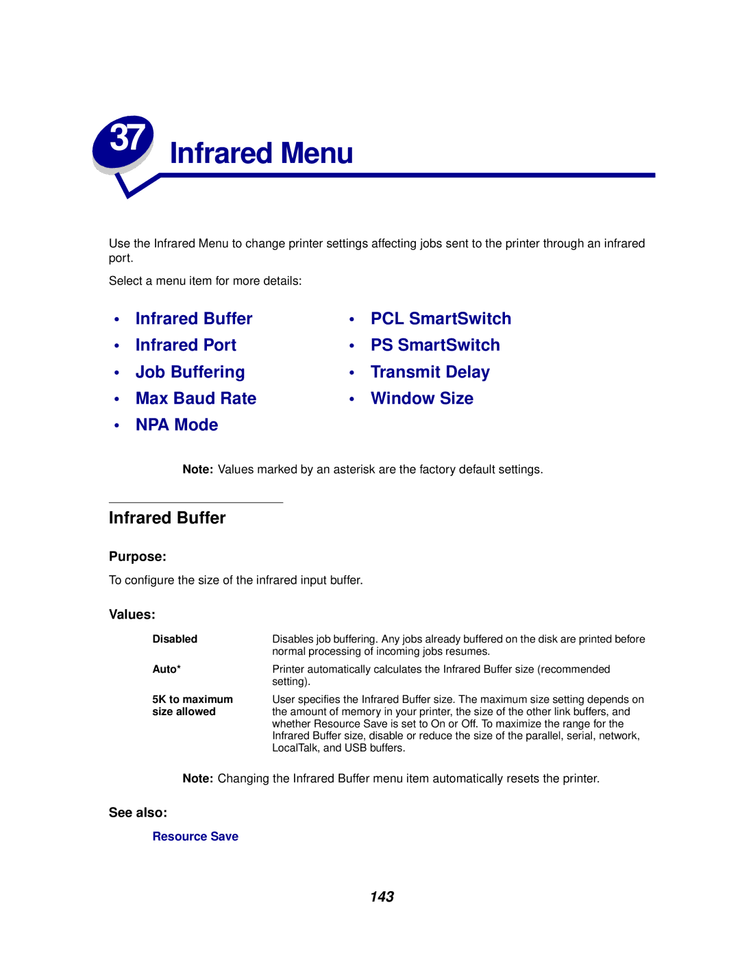 Lexmark 622, 620 manual Infrared Menu, Infrared Buffer, 143 