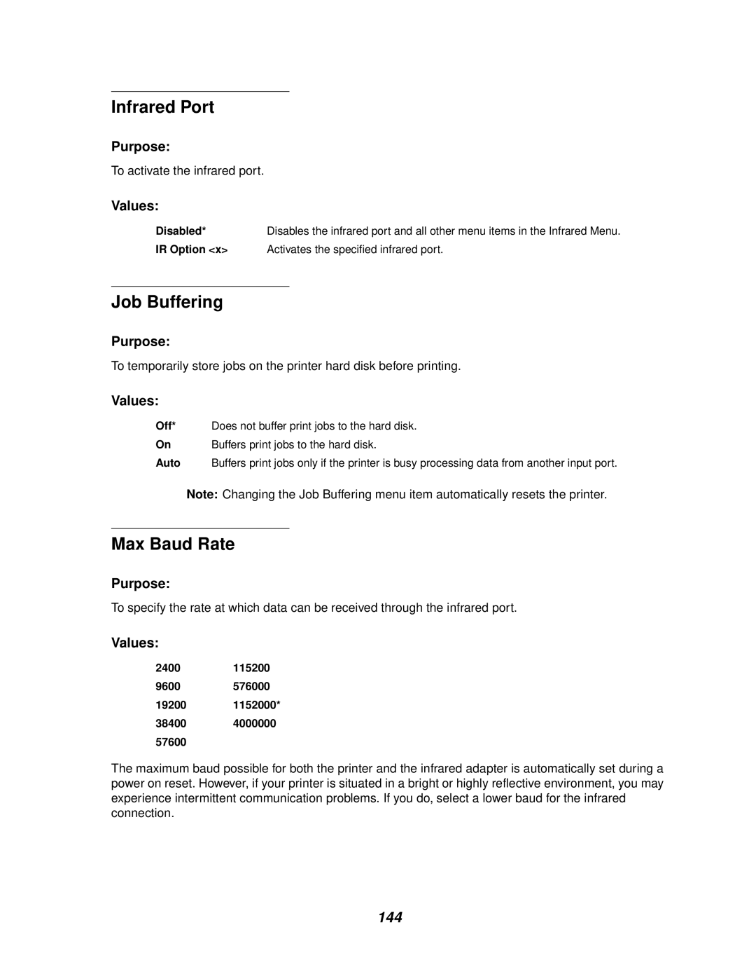 Lexmark 620, 622 manual Infrared Port, Job Buffering, Max Baud Rate, 144 