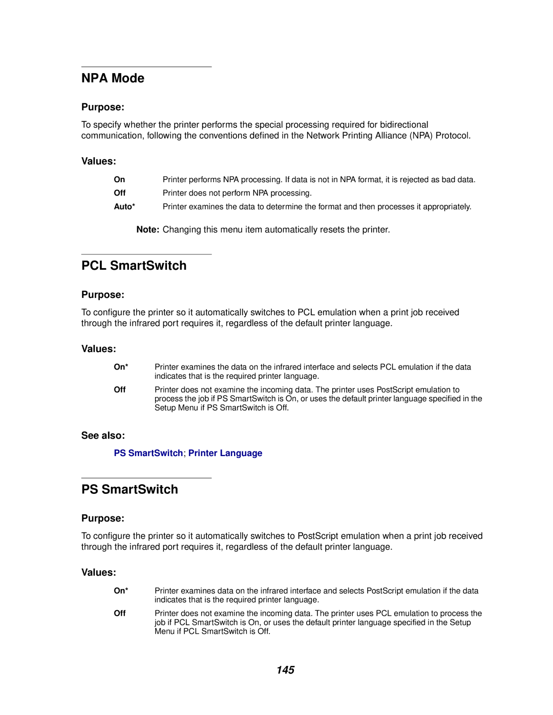 Lexmark 622, 620 manual NPA Mode, PCL SmartSwitch, PS SmartSwitch, 145, Off Printer does not perform NPA processing Auto 