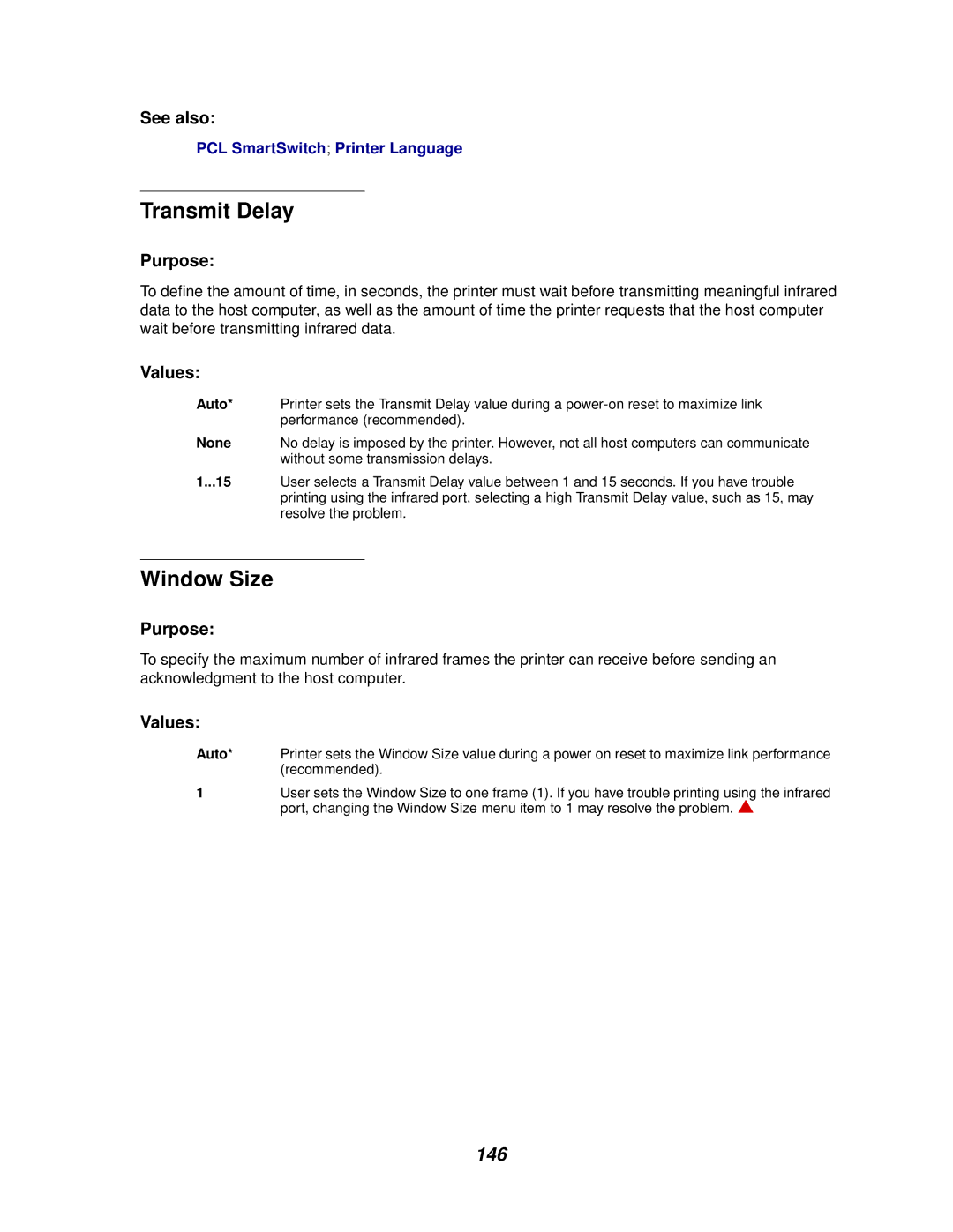 Lexmark 620, 622 manual Transmit Delay, Window Size, 146 