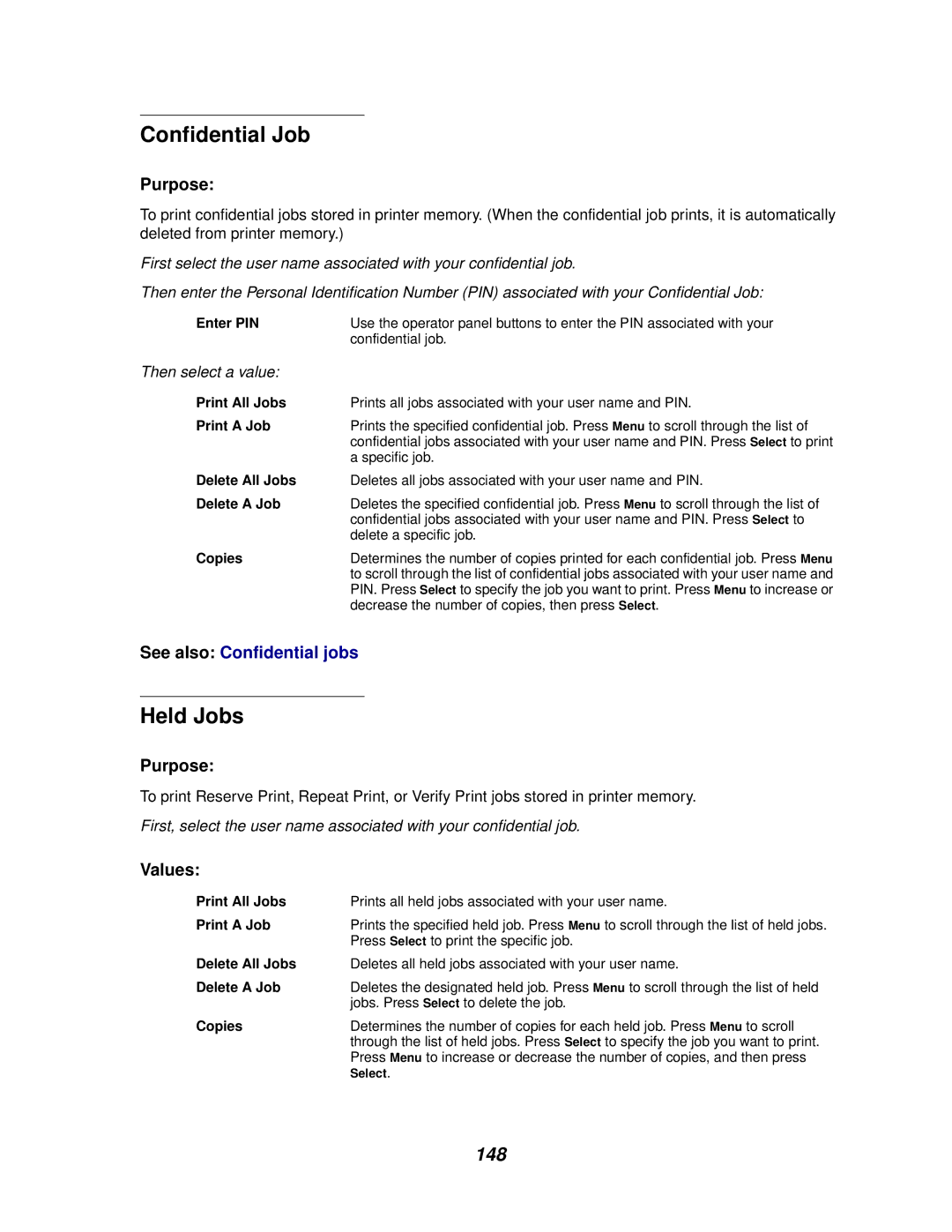 Lexmark 620, 622 manual Confidential Job, Held Jobs, 148 