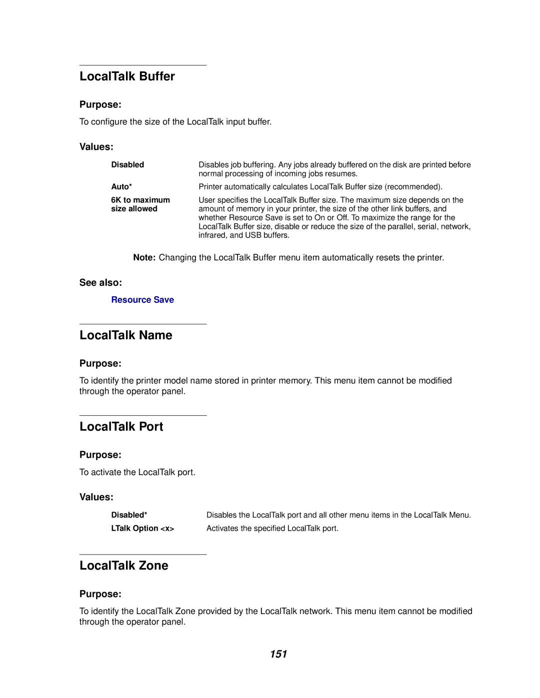 Lexmark 622, 620 manual LocalTalk Buffer, LocalTalk Name, LocalTalk Port, LocalTalk Zone, 151 