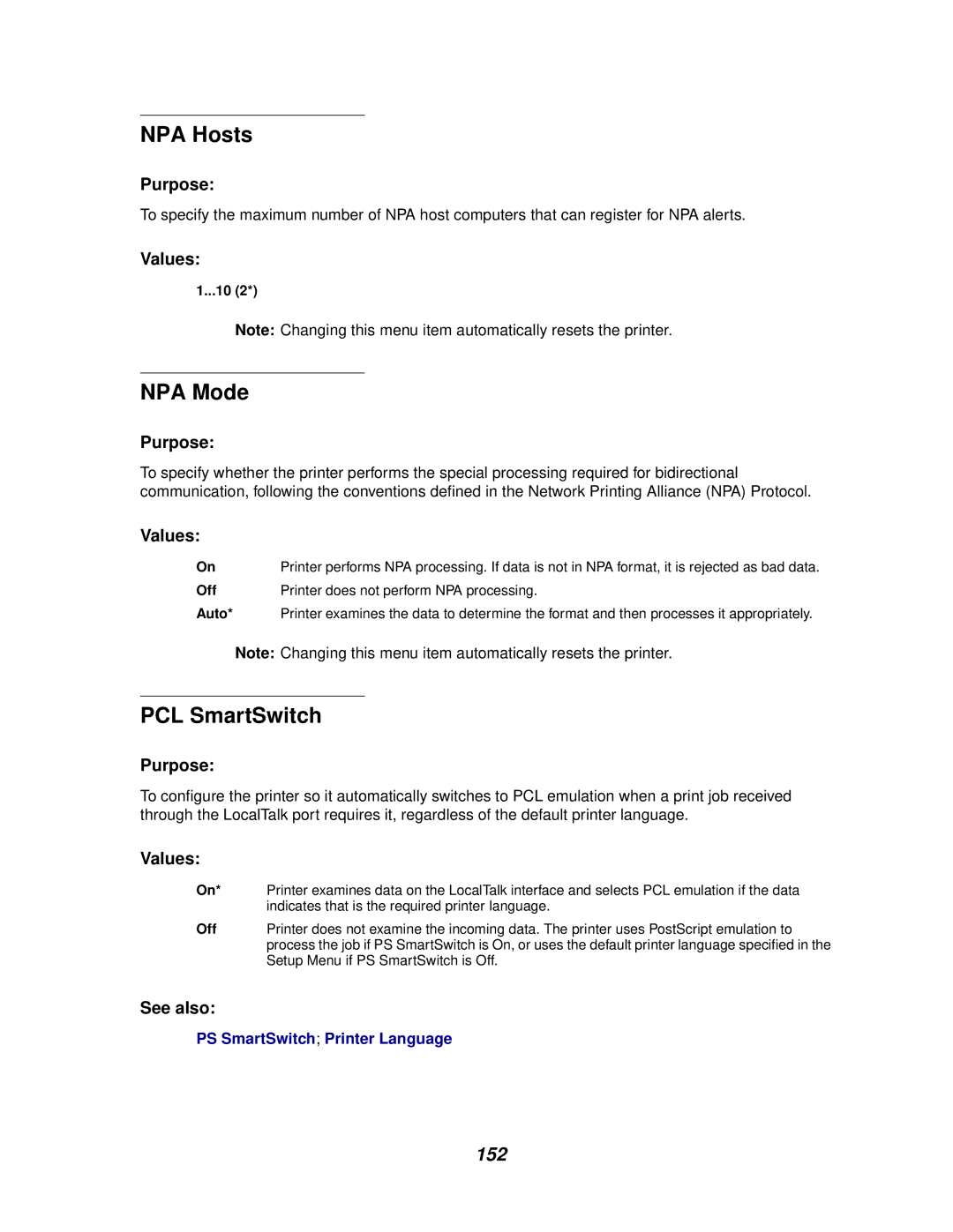 Lexmark 620, 622 manual NPA Hosts, 152 