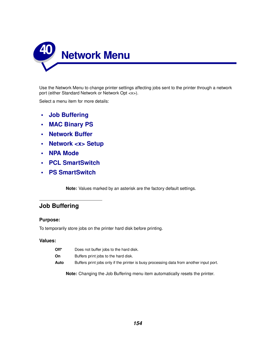 Lexmark 620, 622 manual Network Menu, 154 