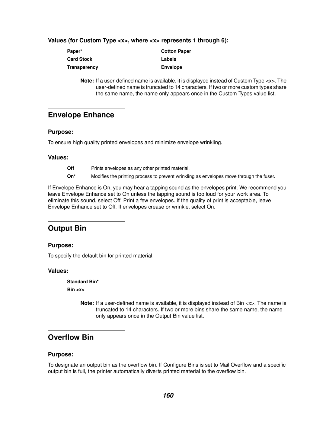Lexmark 620, 622 manual Envelope Enhance, Output Bin, Overflow Bin, 160 