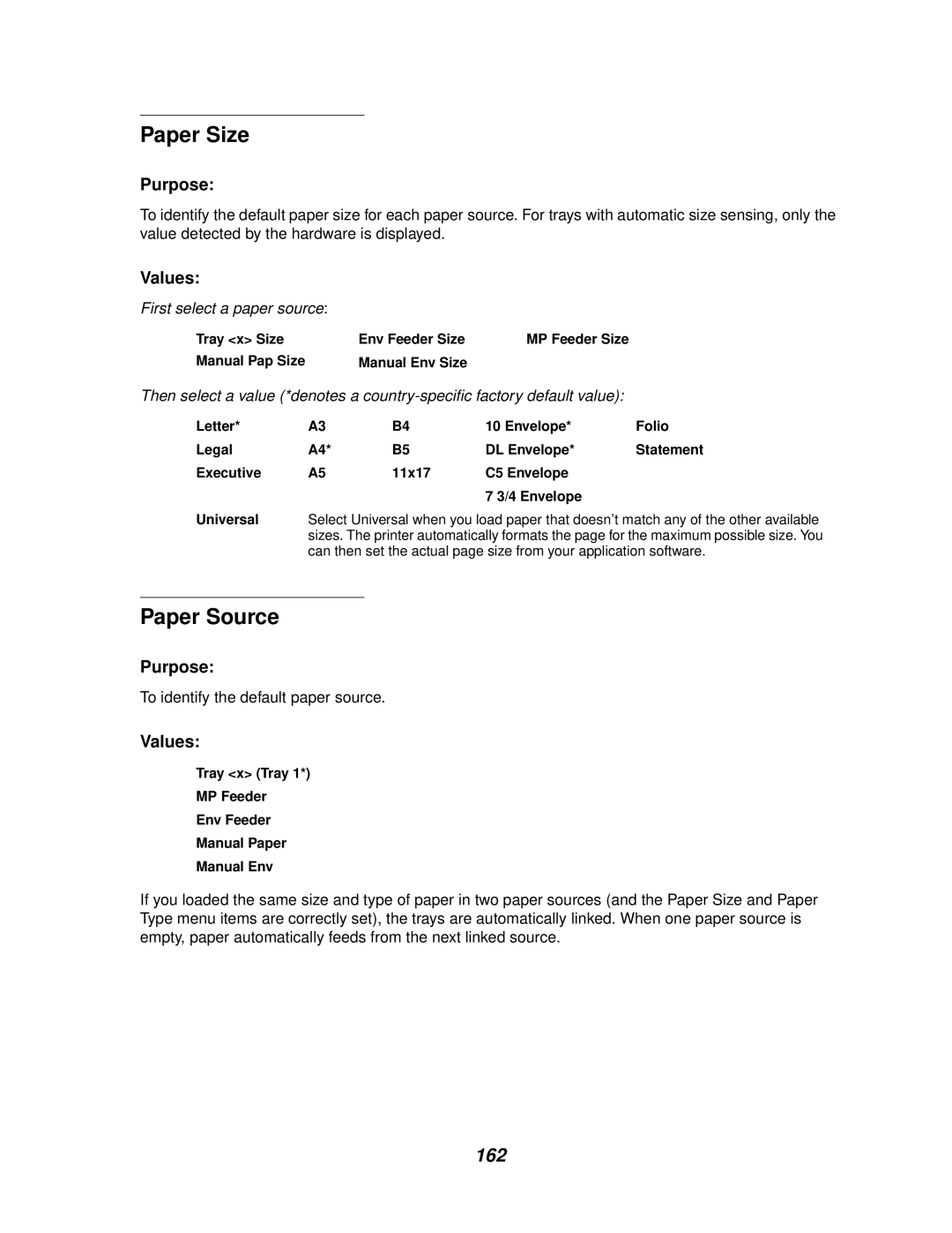 Lexmark 620, 622 manual Paper Size, Paper Source, 162 