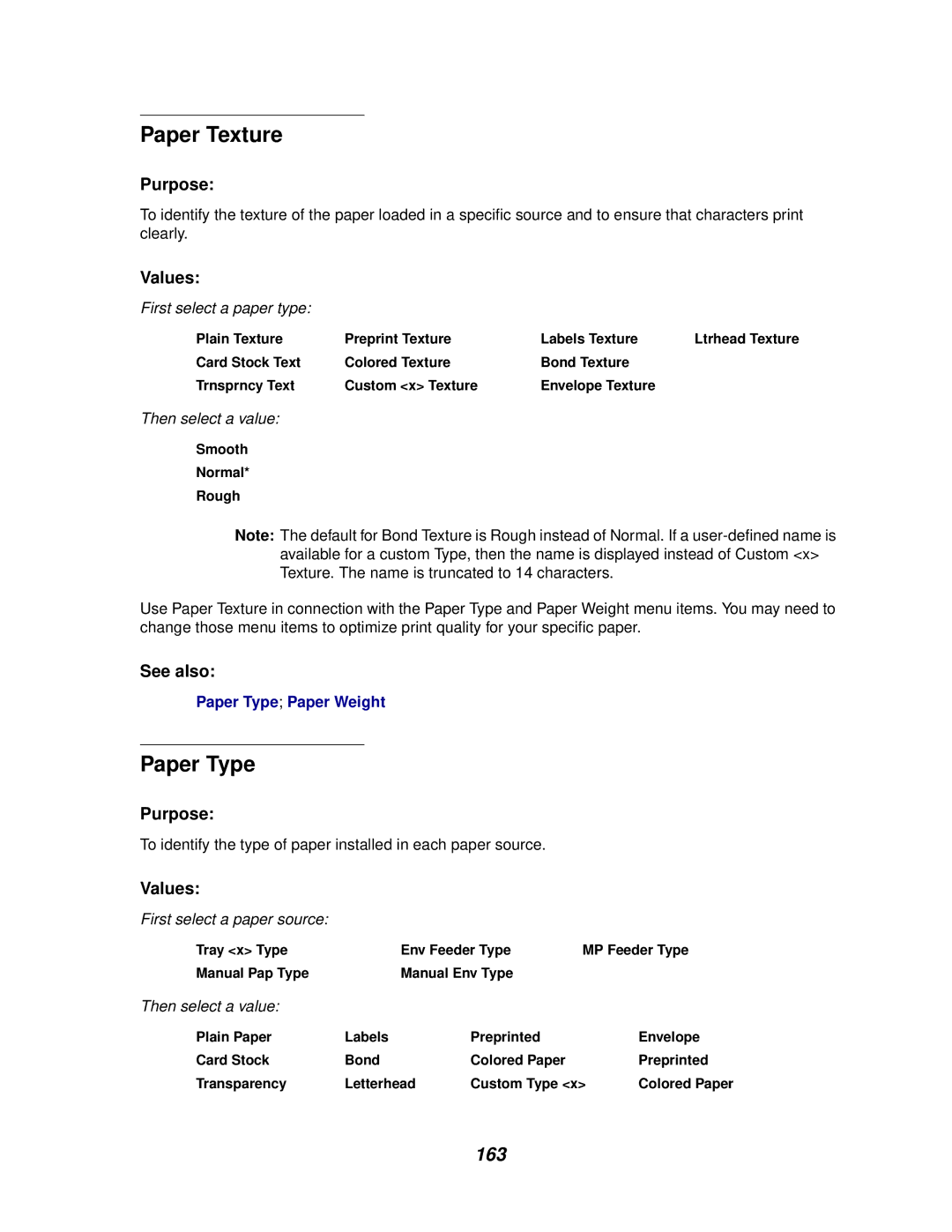 Lexmark 622, 620 manual Paper Texture, Paper Type, 163, Plain Texture Preprint Texture Labels Texture, Smooth Normal Rough 