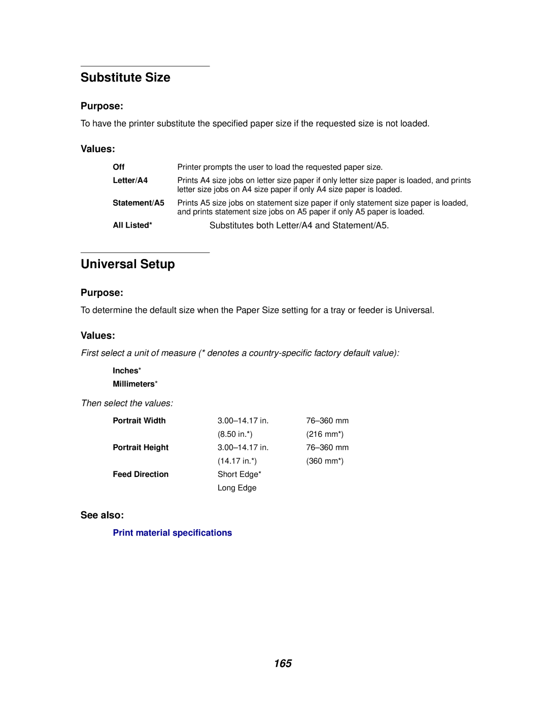 Lexmark 622, 620 manual Substitute Size, Universal Setup, 165 