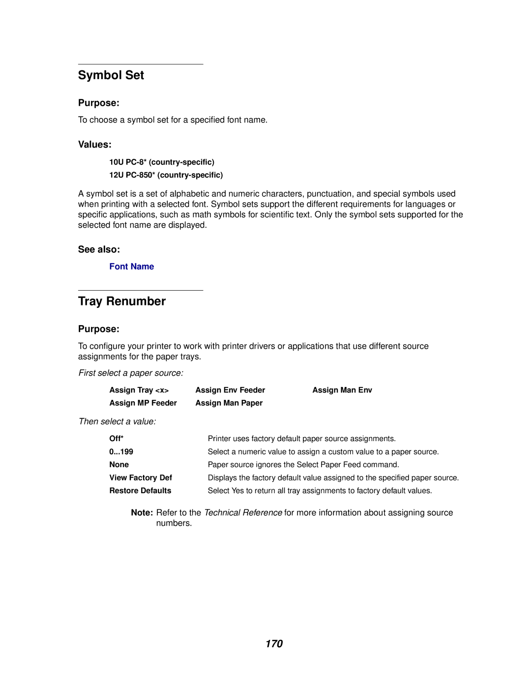 Lexmark 620, 622 manual Symbol Set, Tray Renumber, 170, 10U PC-8* country-specific 12U PC-850* country-specific 