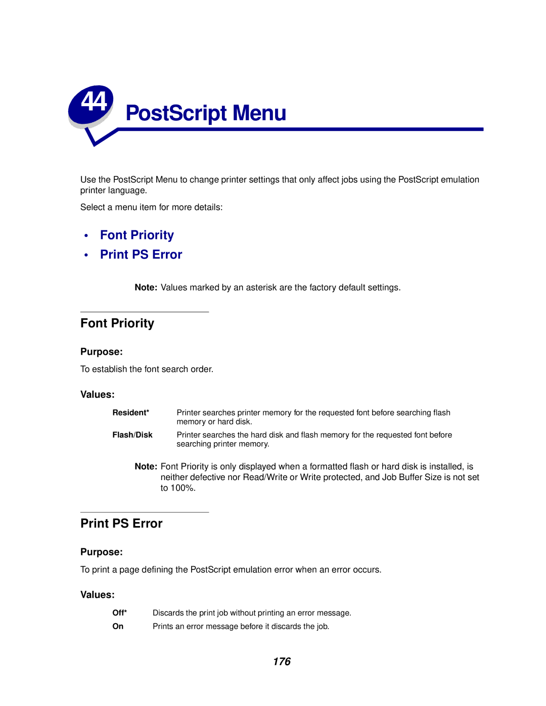 Lexmark 620, 622 manual PostScript Menu, Font Priority, Print PS Error, 176 