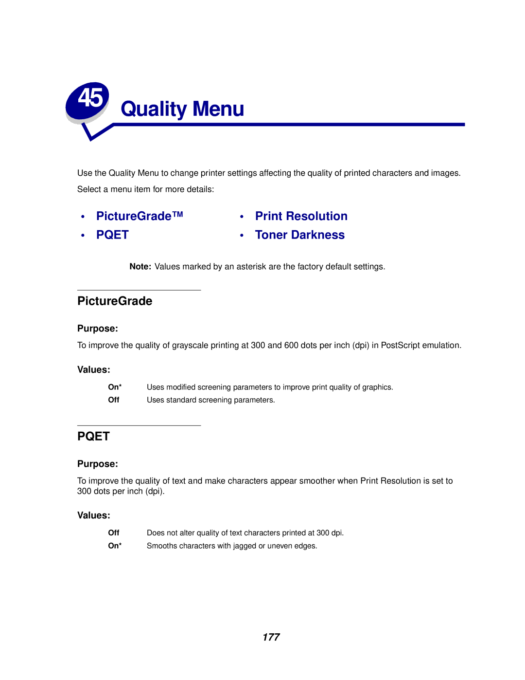 Lexmark 622, 620 manual Quality Menu, PictureGrade, 177 