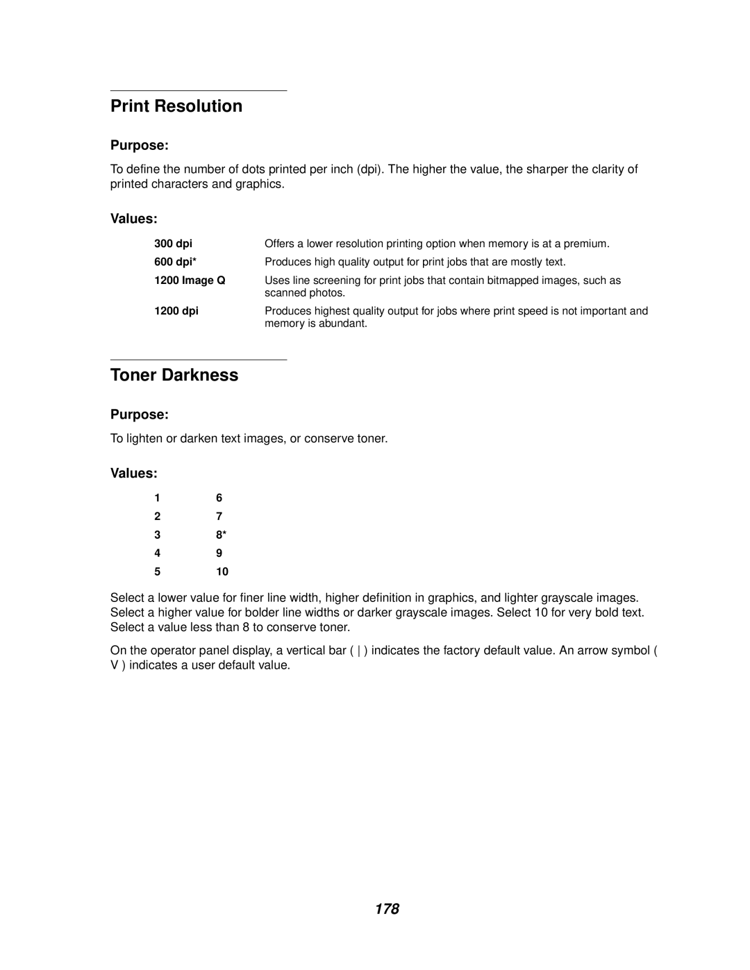 Lexmark 620, 622 manual Print Resolution, Toner Darkness, 178 