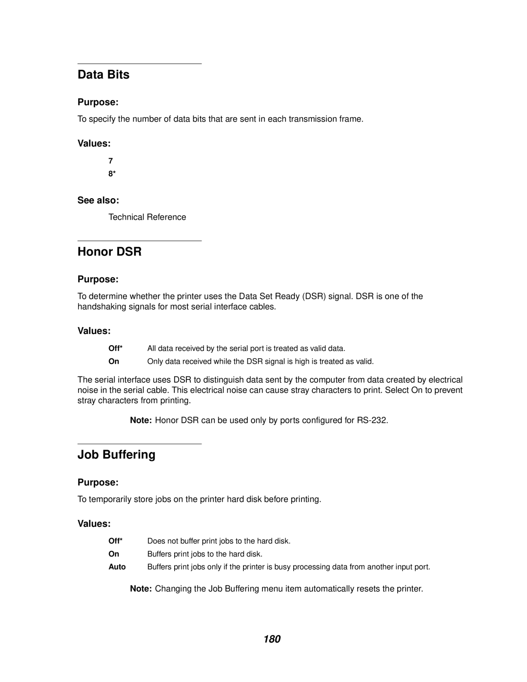 Lexmark 620, 622 manual Data Bits, Honor DSR, 180 