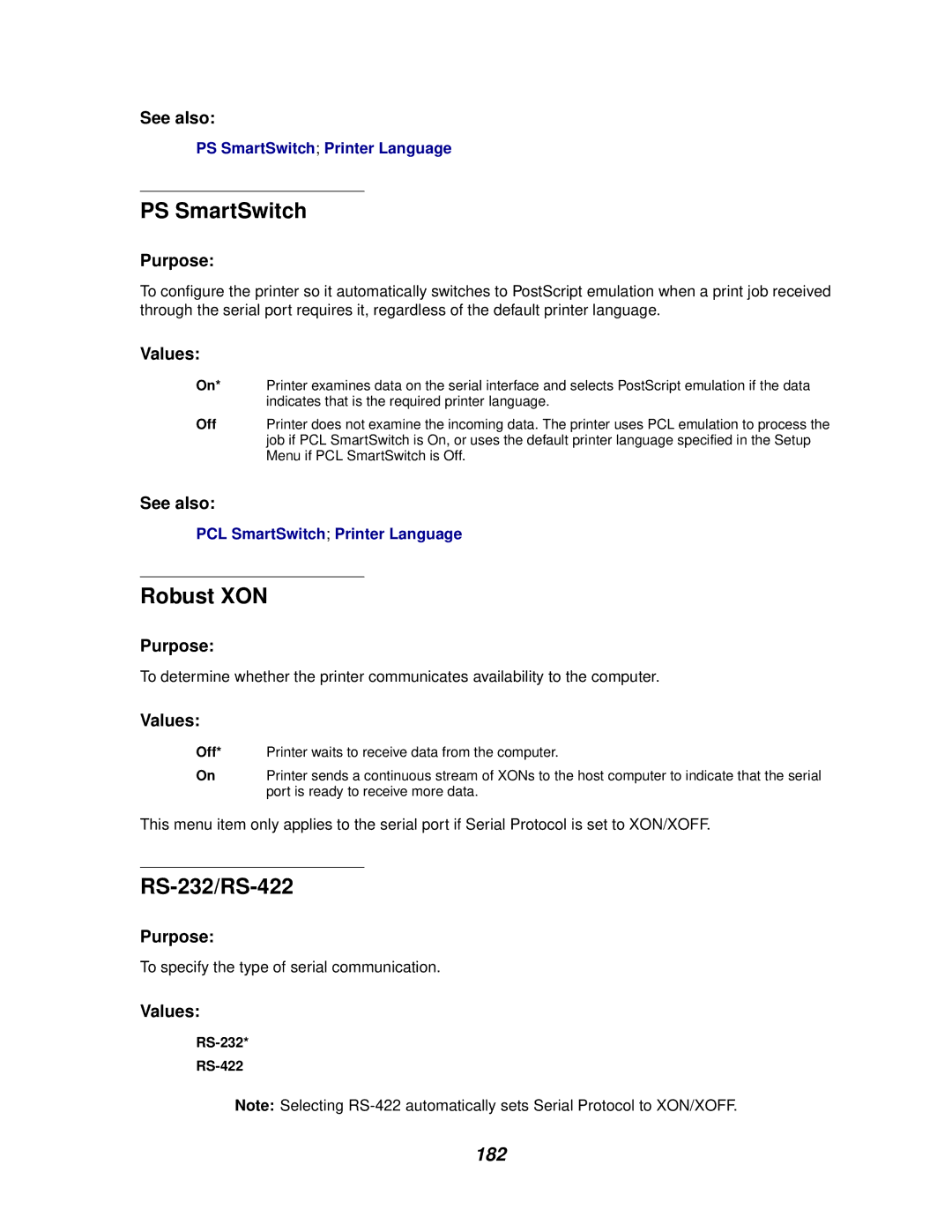 Lexmark 620, 622 manual Robust XON, RS-232/RS-422, 182 