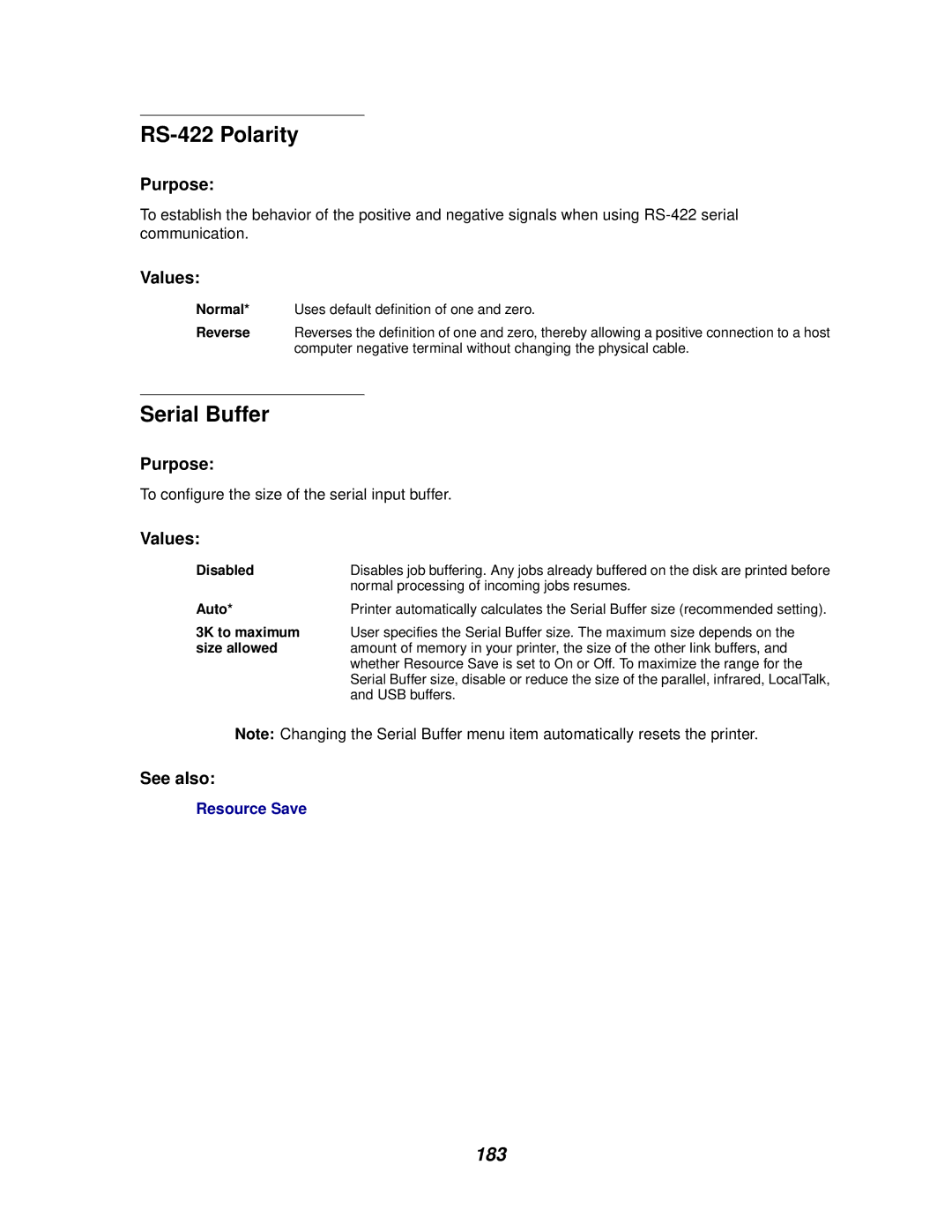 Lexmark 622, 620 manual RS-422 Polarity, Serial Buffer, 183 