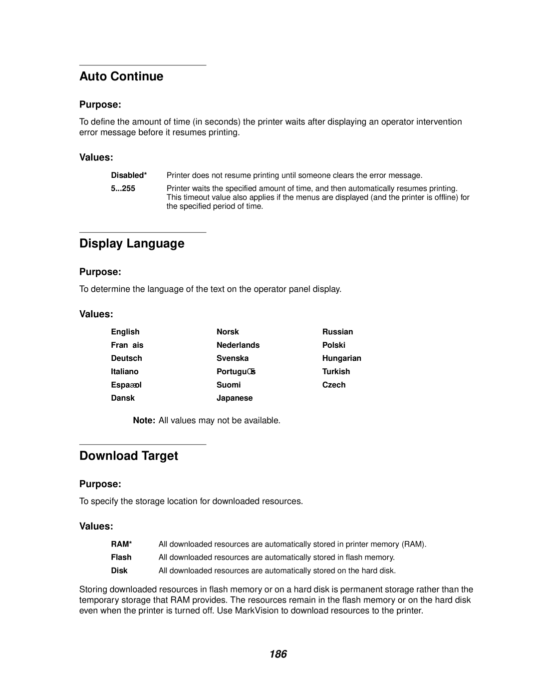 Lexmark 620, 622 manual Auto Continue, Display Language, Download Target, 186, 255 