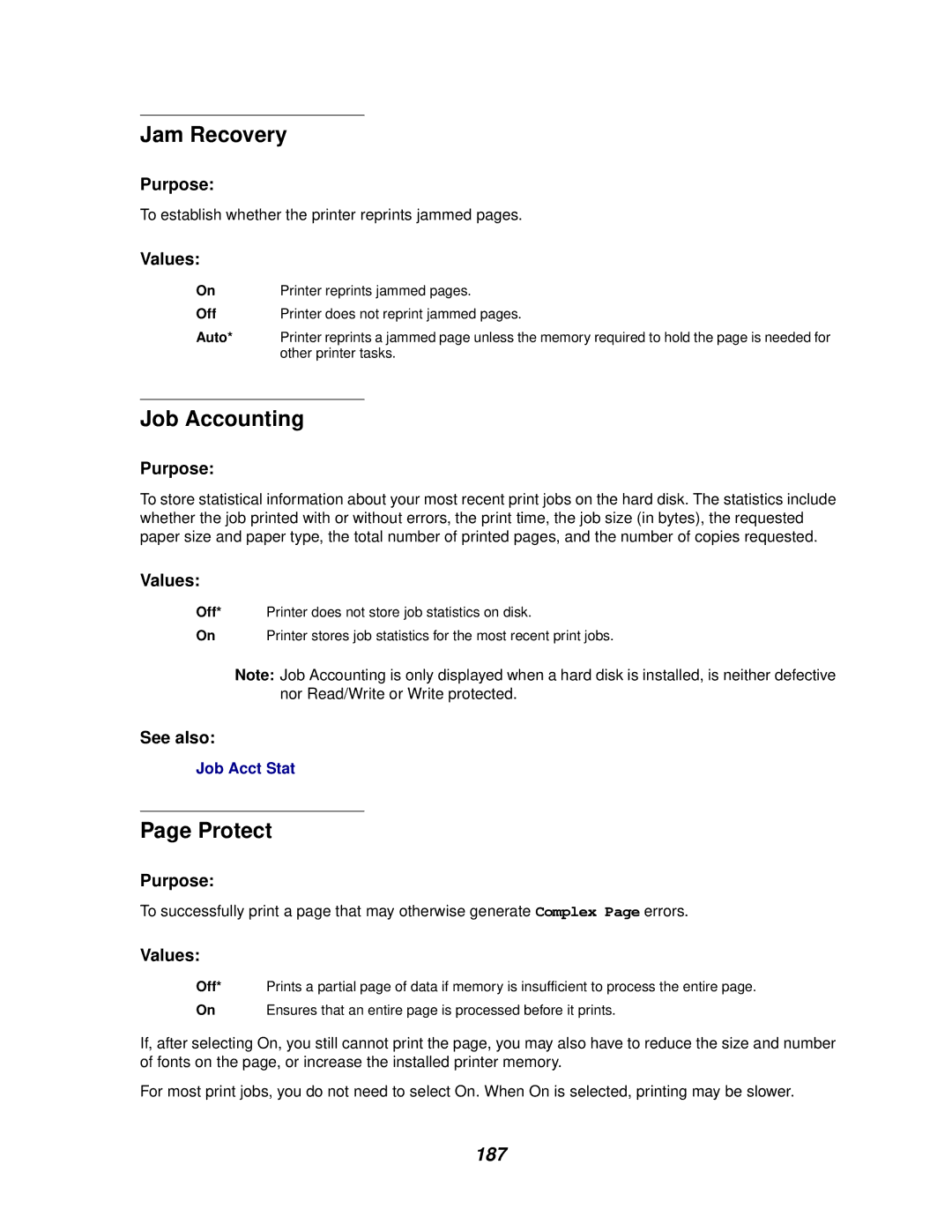 Lexmark 622, 620 manual Jam Recovery, Job Accounting, Protect, 187 