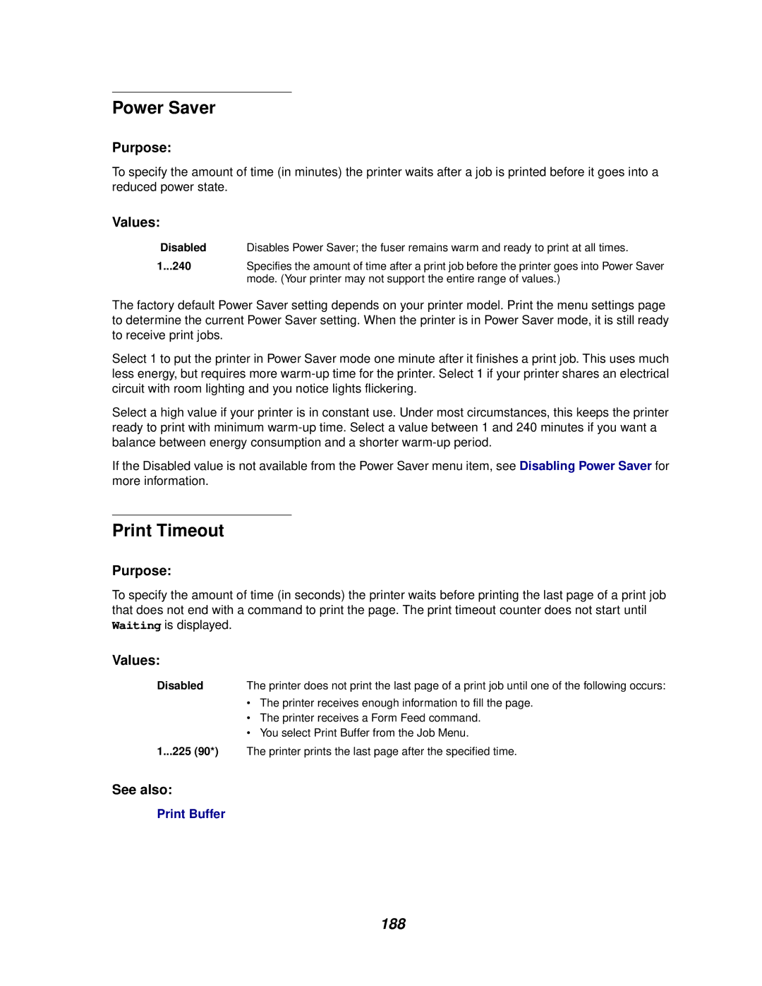 Lexmark 620, 622 manual Power Saver, Print Timeout, 188, 225 