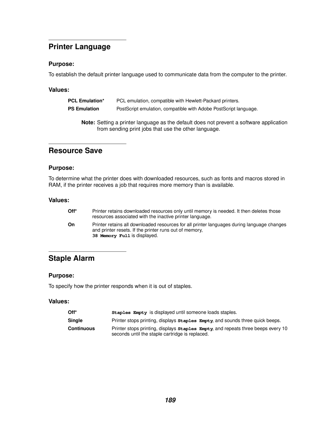 Lexmark 622, 620 manual Printer Language, Resource Save, Staple Alarm, 189, PS Emulation 