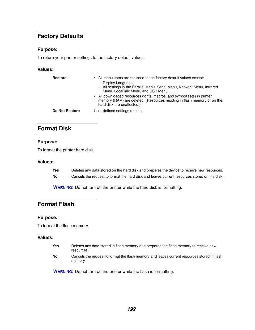 Lexmark 620, 622 manual Factory Defaults, Format Disk, Format Flash, 192 