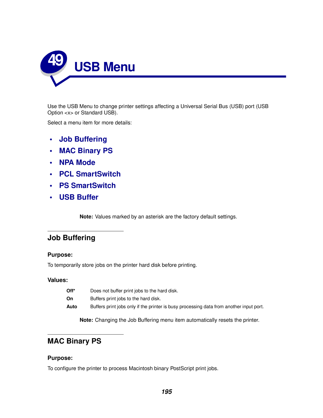 Lexmark 622, 620 manual USB Menu, 195 