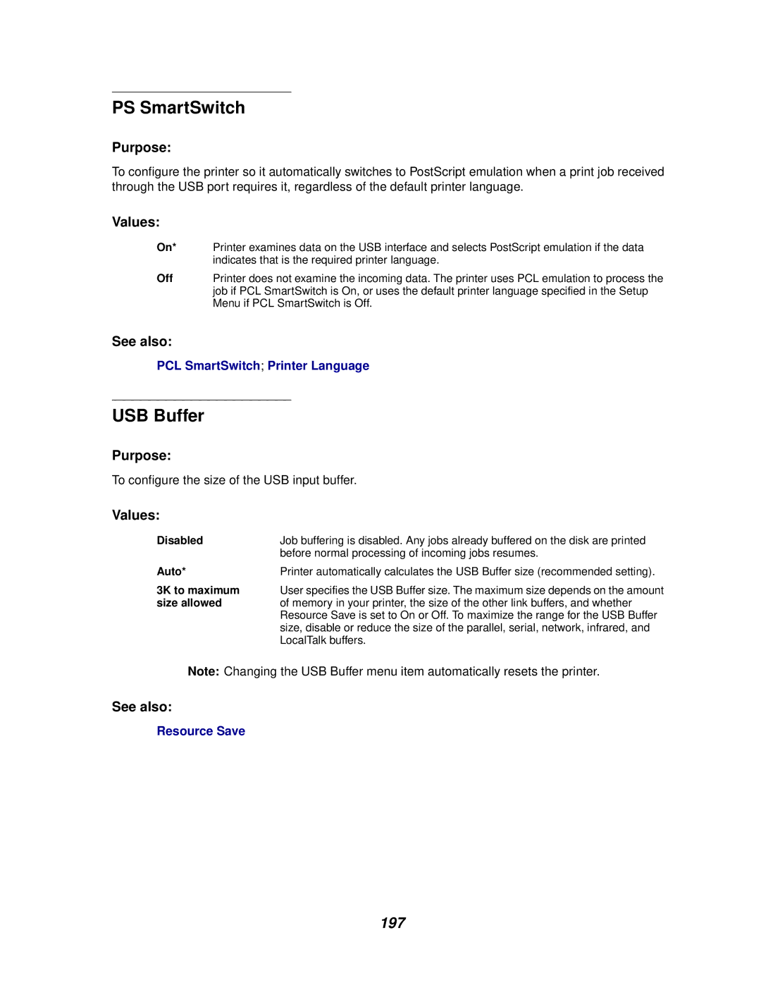 Lexmark 622, 620 manual USB Buffer, 197 