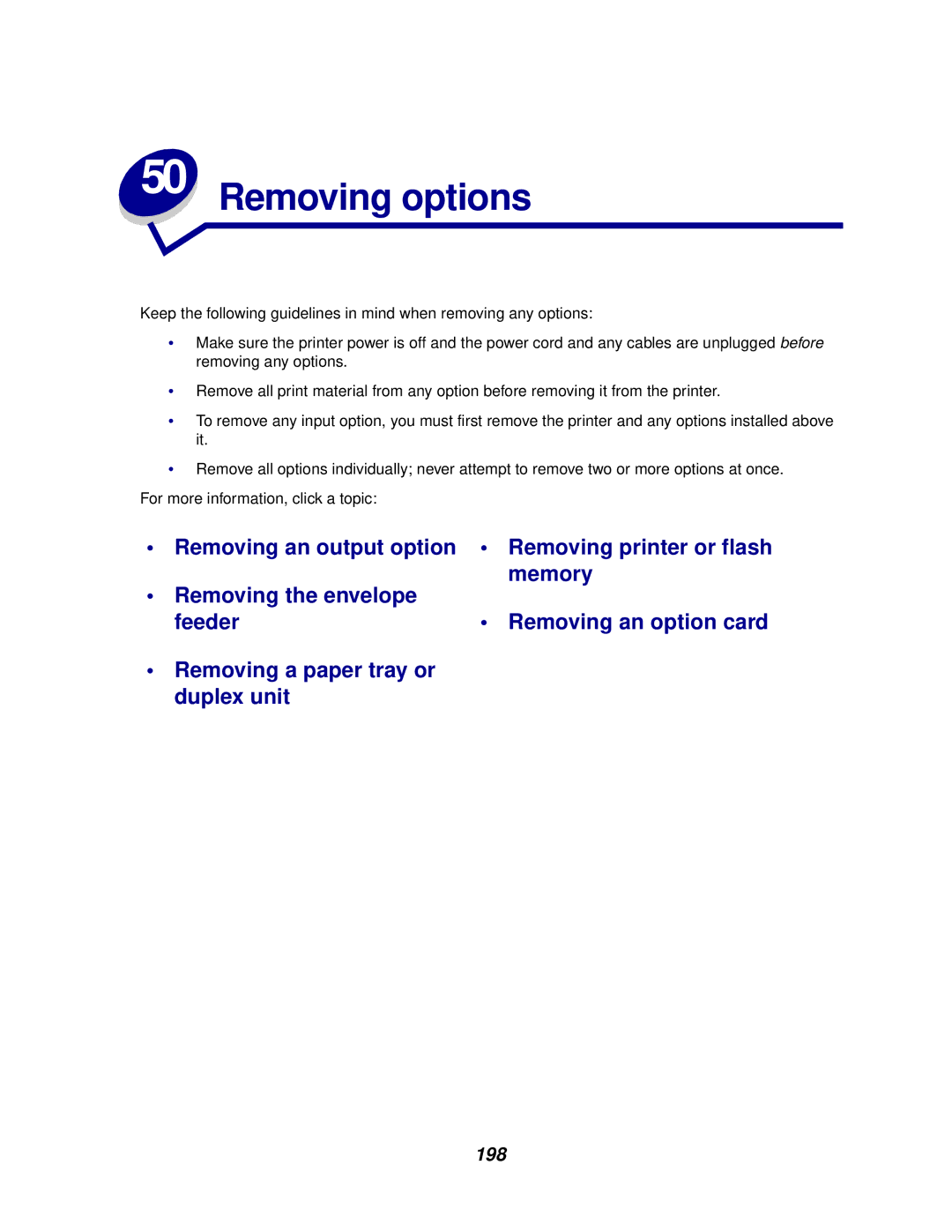 Lexmark 620, 622 manual Removing options, 198 