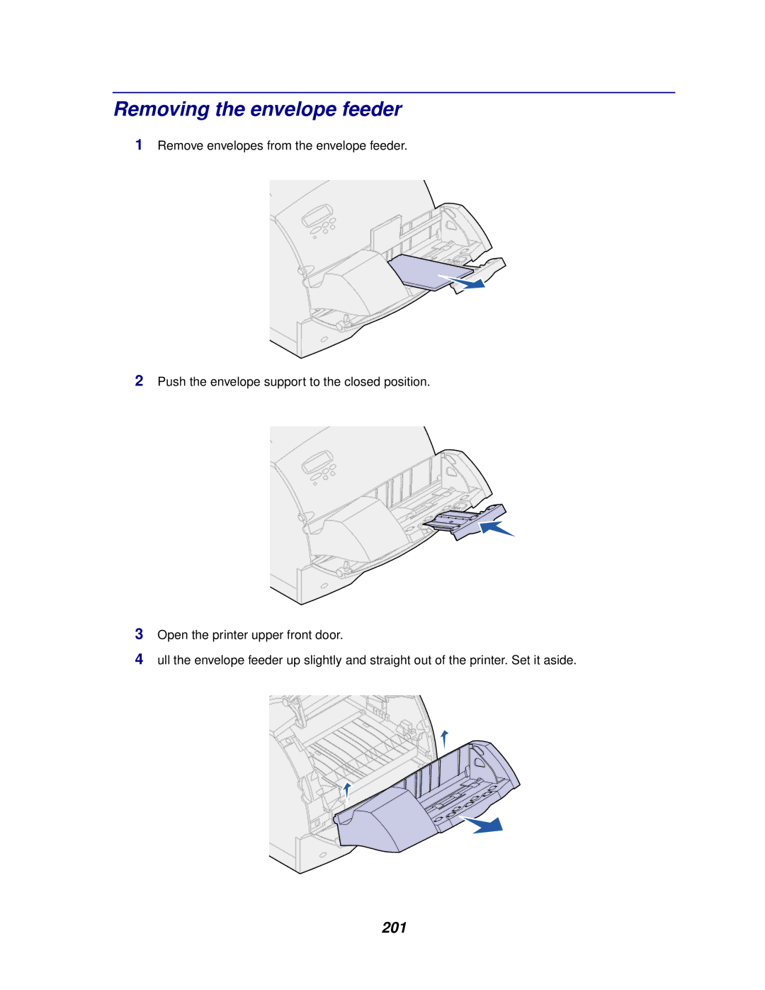 Lexmark 622, 620 manual Removing the envelope feeder, 201 