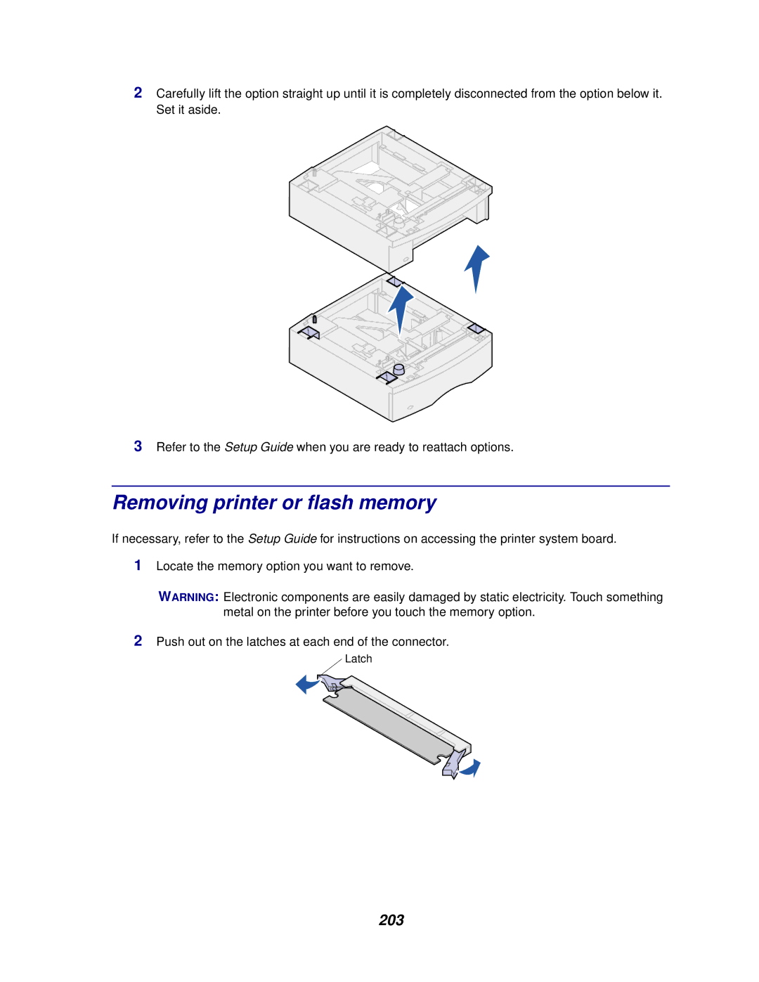 Lexmark 622, 620 manual Removing printer or flash memory, 203 