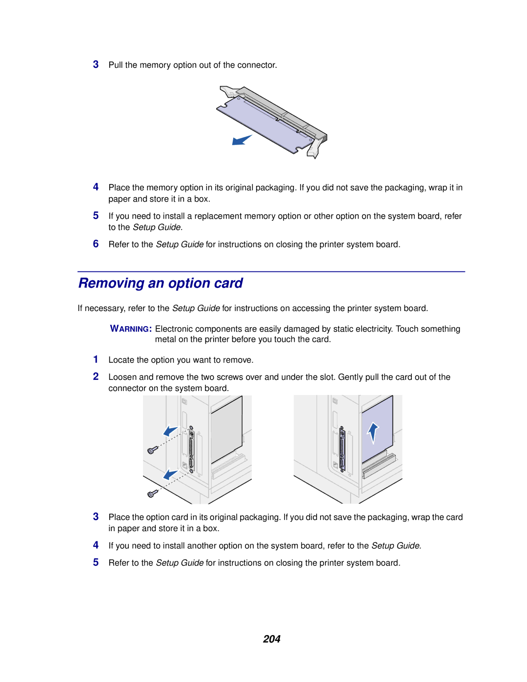 Lexmark 620, 622 manual Removing an option card, 204 