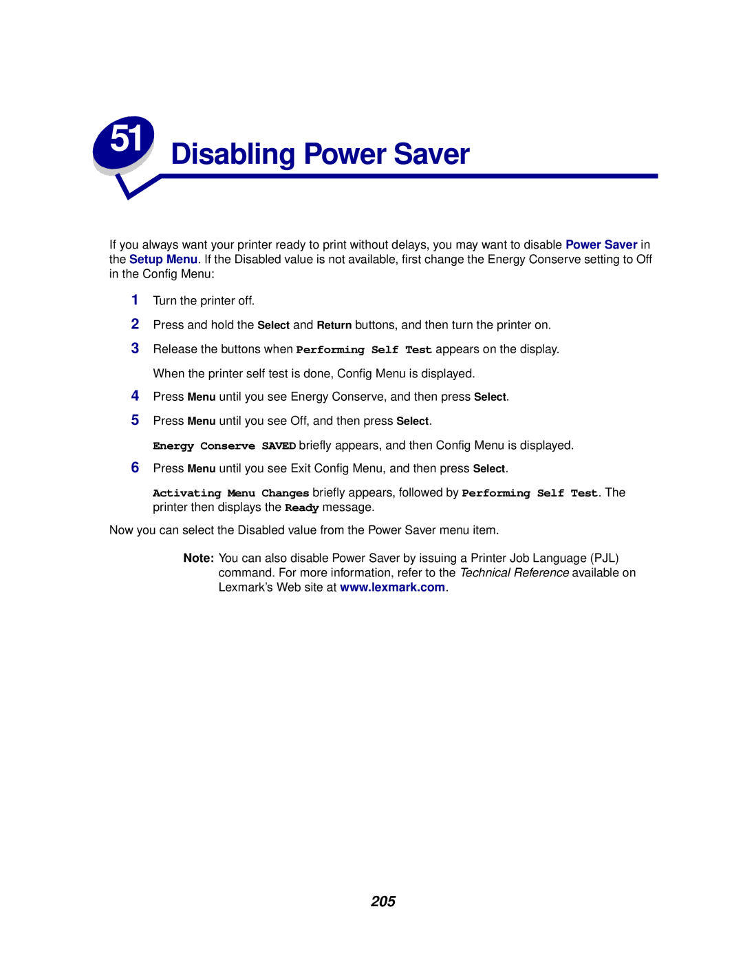 Lexmark 622, 620 manual Disabling Power Saver, 205 