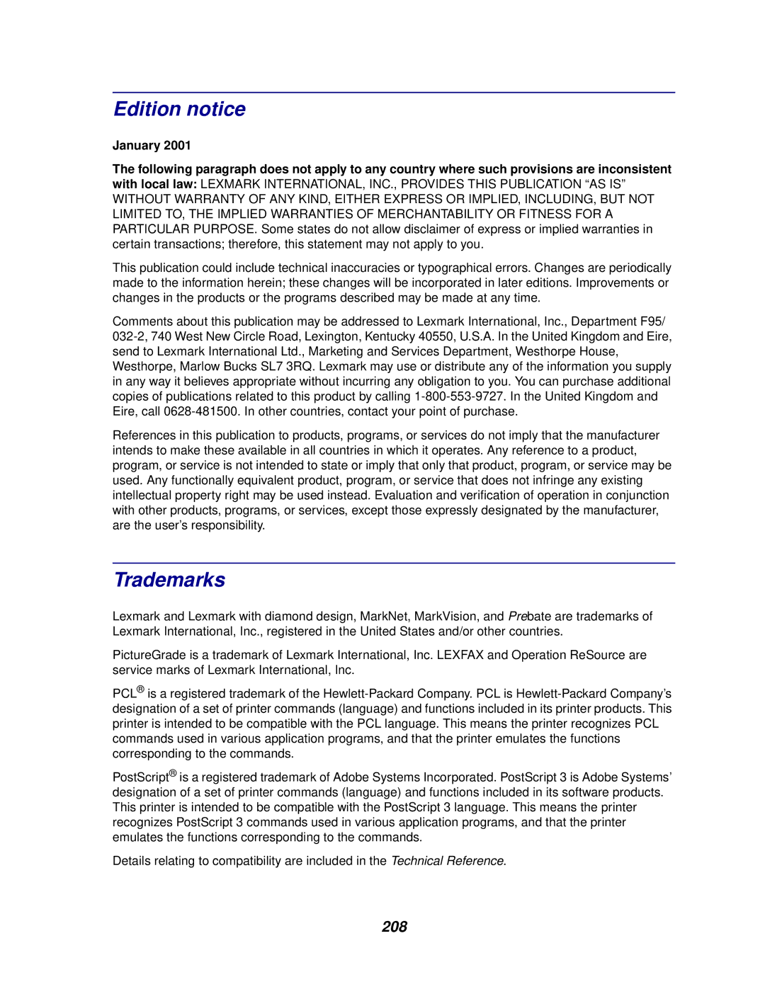 Lexmark 620, 622 manual Edition notice, Trademarks, 208 