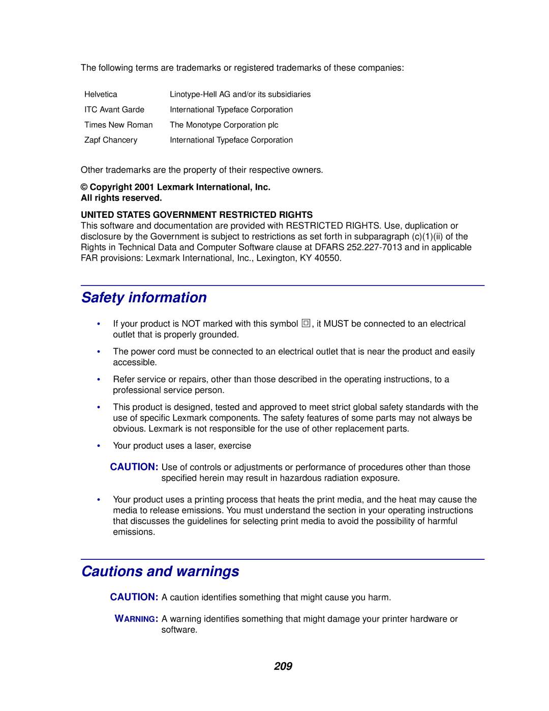 Lexmark 622, 620 manual Safety information, 209 