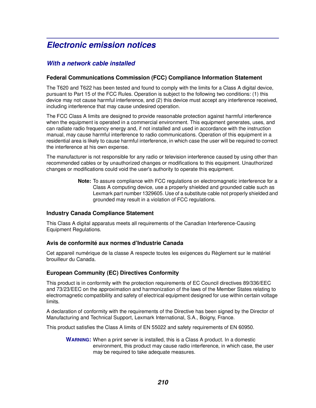 Lexmark 620, 622 manual Electronic emission notices, With a network cable installed, 210 