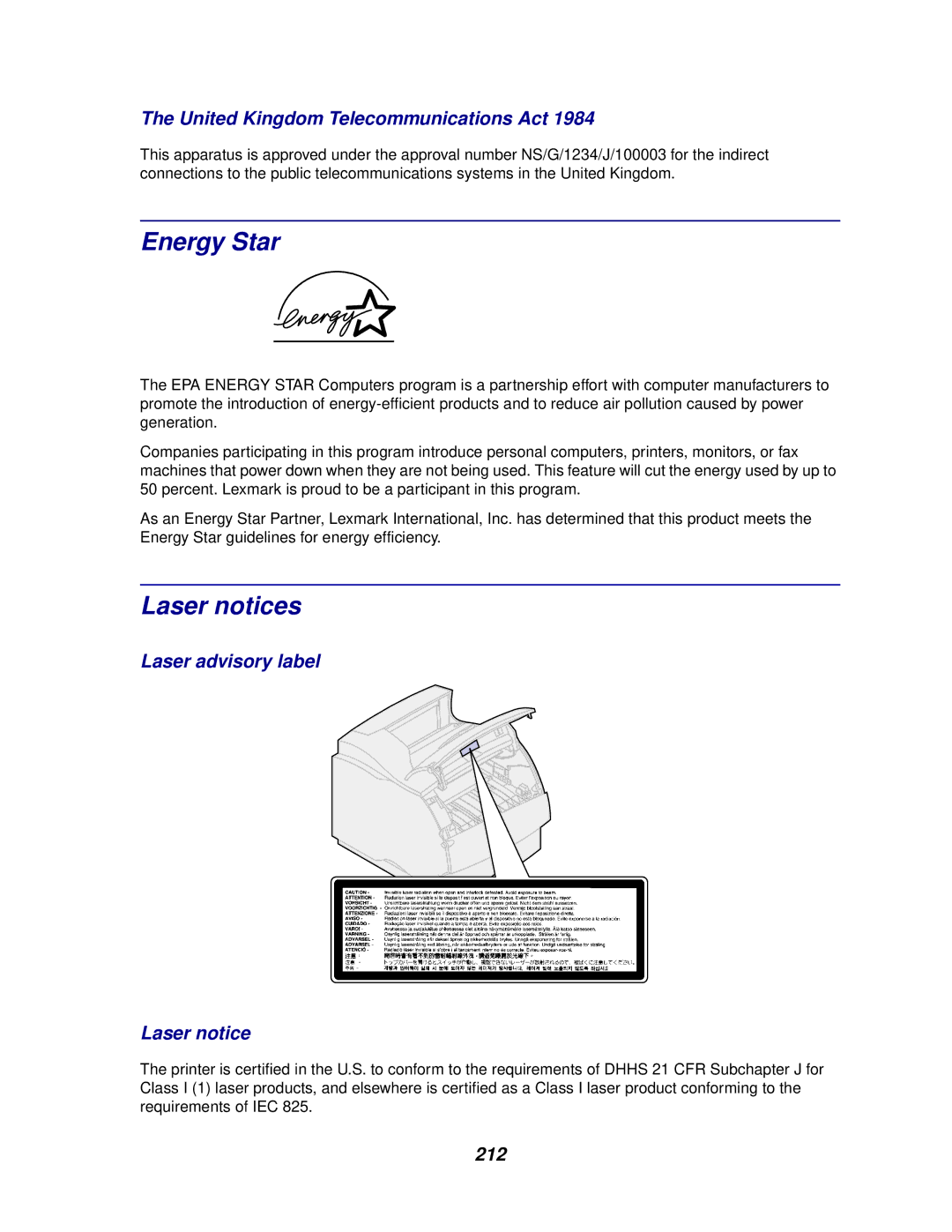 Lexmark 620, 622 Energy Star, Laser notices, United Kingdom Telecommunications Act, Laser advisory label Laser notice, 212 