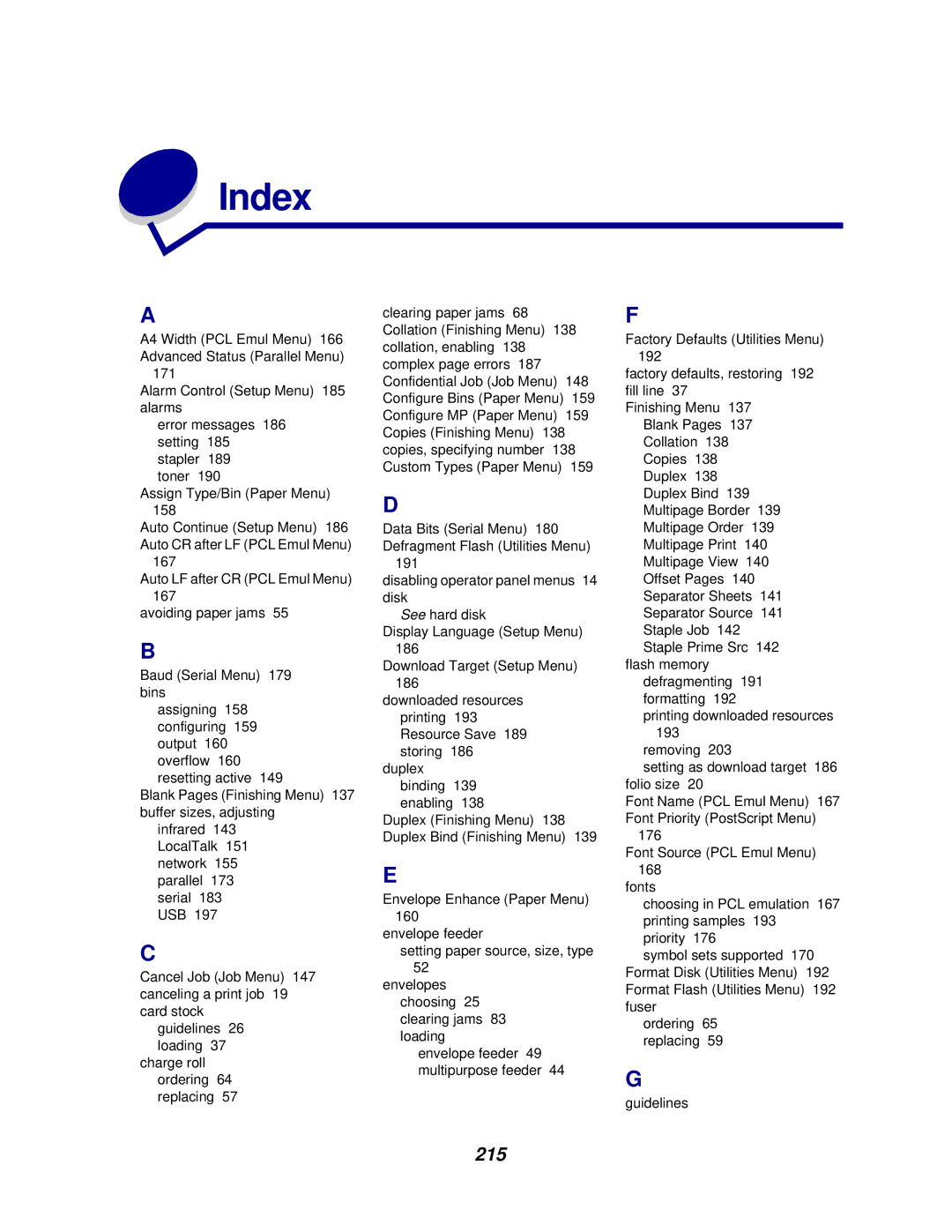 Lexmark 622, 620 manual Index, 215 