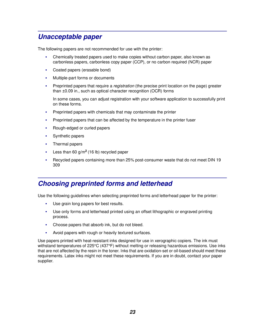 Lexmark 622, 620 manual Unacceptable paper, Choosing preprinted forms and letterhead 