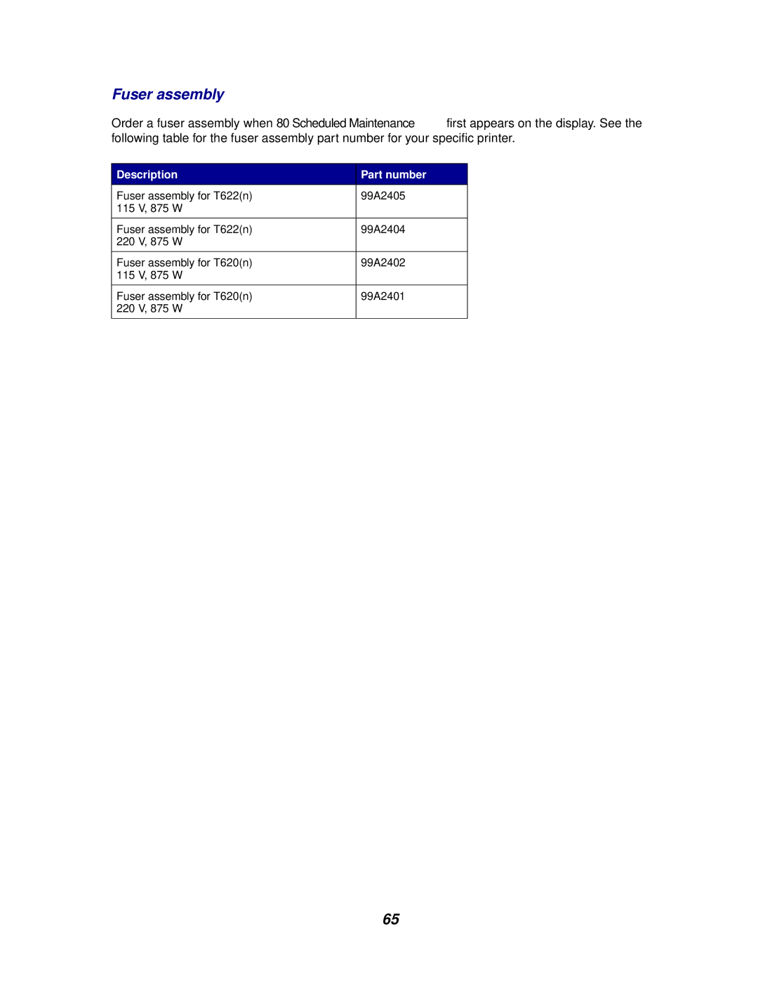 Lexmark 622, 620 manual Fuser assembly 