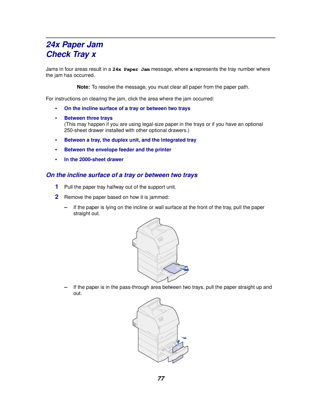 Lexmark 622, 620 manual 24x Paper Jam Check Tray, On the incline surface of a tray or between two trays 