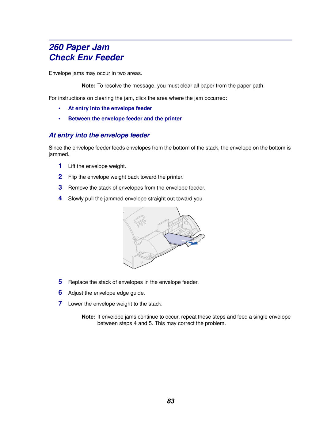 Lexmark 622, 620 manual Paper Jam Check Env Feeder, At entry into the envelope feeder 