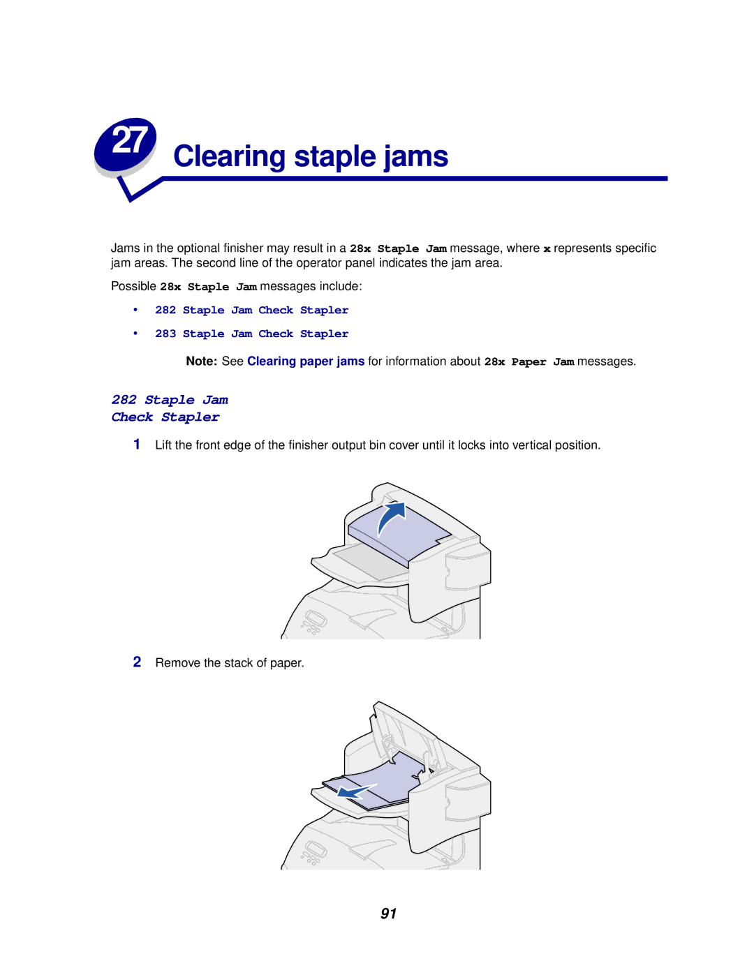 Lexmark 622, 620 manual Clearing staple jams, Staple Jam Check Stapler 