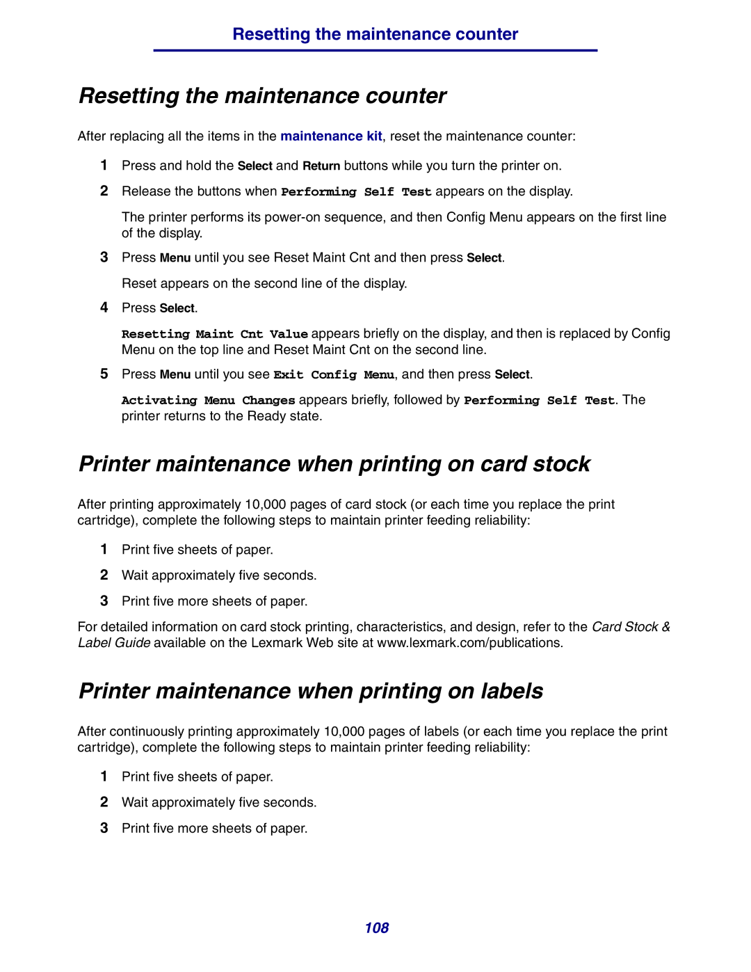 Lexmark 630 manual Resetting the maintenance counter, Printer maintenance when printing on card stock 