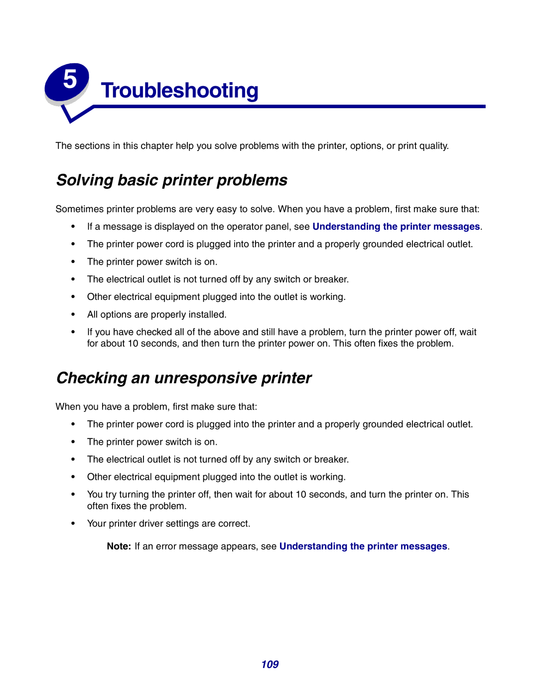 Lexmark 630 manual Solving basic printer problems, Checking an unresponsive printer 