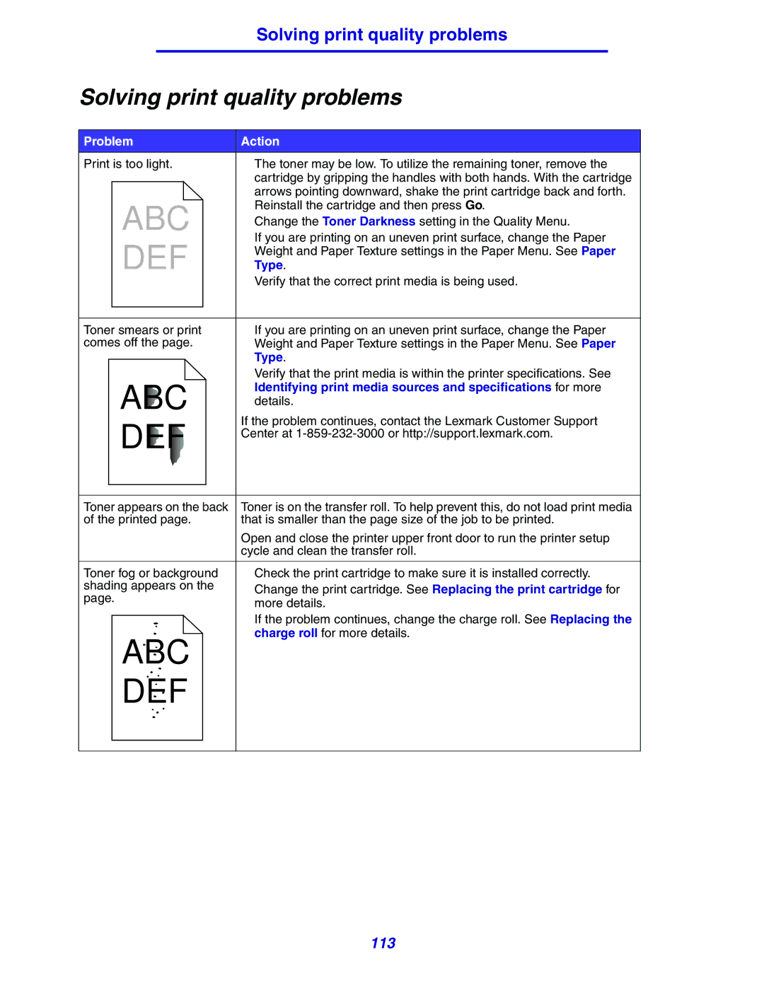 Lexmark 630 manual Solving print quality problems, Type, Identifying print media sources and specifications for more 
