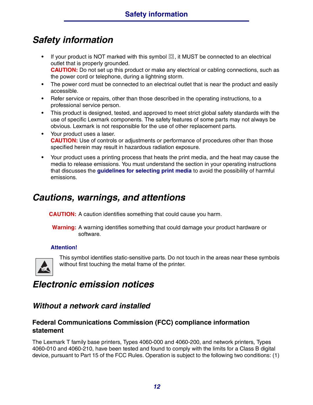 Lexmark 630 manual Safety information, Electronic emission notices, Without a network card installed 