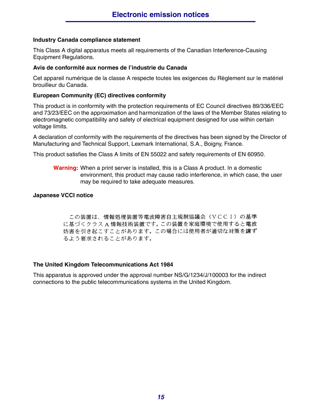 Lexmark 630 manual Japanese Vcci notice United Kingdom Telecommunications Act 