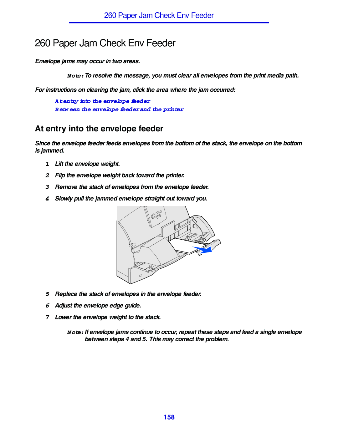 Lexmark 630 manual Paper Jam Check Env Feeder, At entry into the envelope feeder 