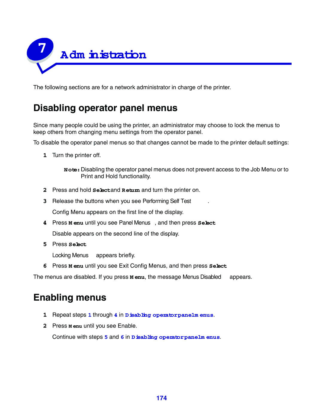 Lexmark 630 manual Disabling operator panel menus, Enabling menus 